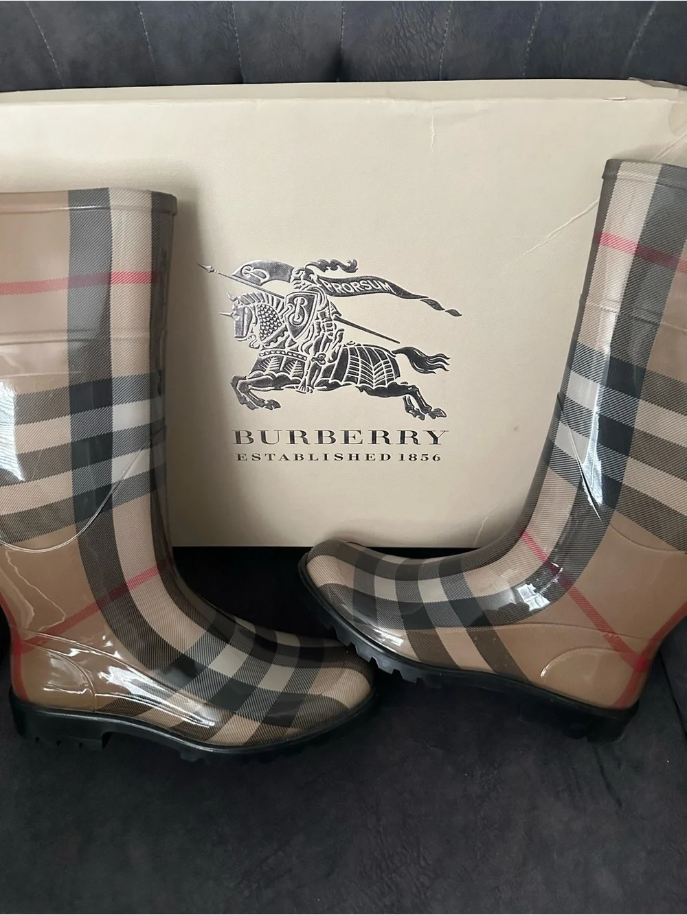 Burberry Beige Vintage Check Glossy Rain Boots with Original Box